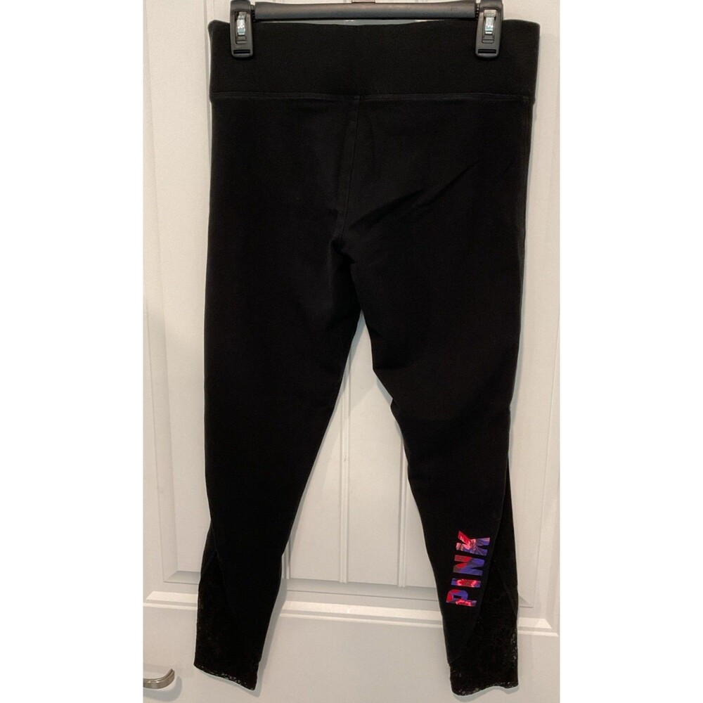 EUC VS PINK Yoga Black Leggings With Lace Panels Tropical Logo Medium